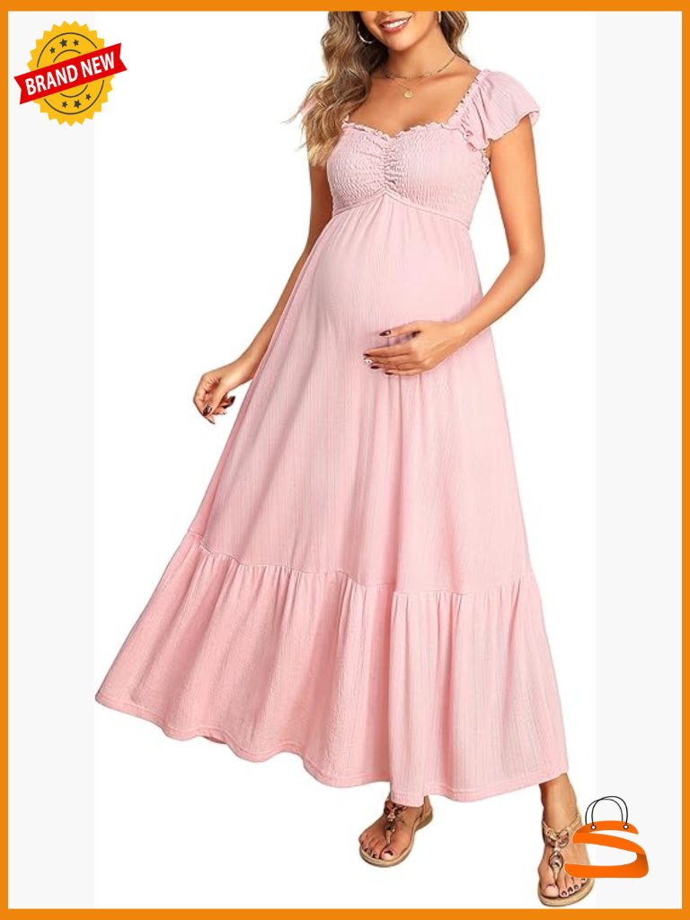 Maternity Textured Smocked Maxi Dress With Ruffle Cap Sleeves